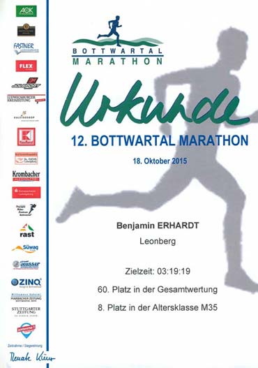Benjamin Erhardt Urkunde Bottwartalmarathon 2015